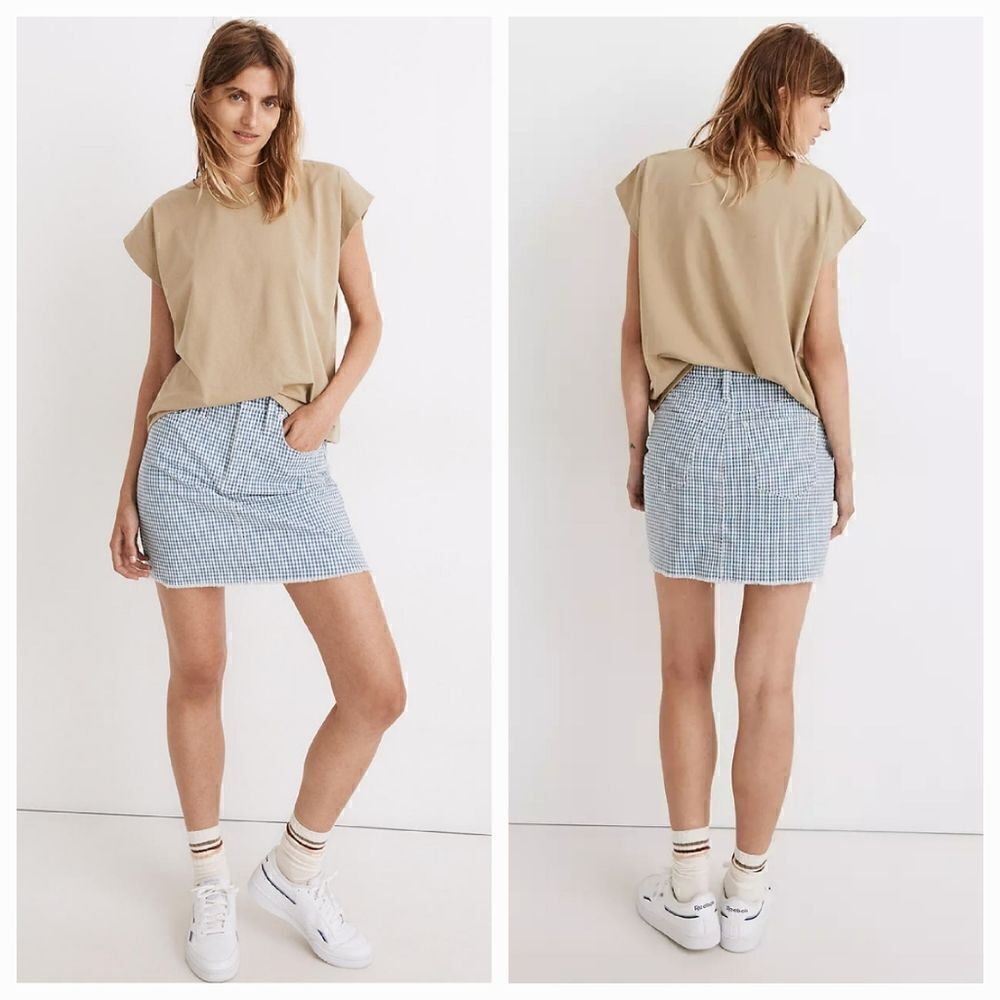 NEW Madewell Stretch Straight Mini Skirt in Gingham Raw-Hemmed Edition Size 25